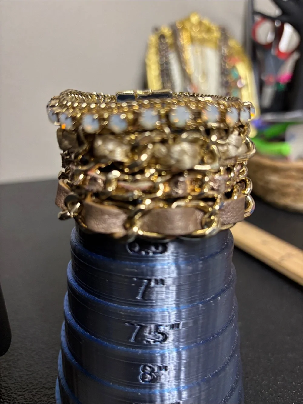 Multilayer Mixed Media Gold Tone Rhinestone Chain Leather Wrap Bracelet